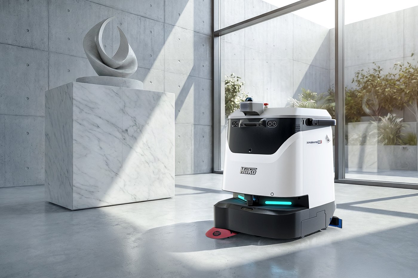 Scrubmaster B20 i autonomous scrubber-dryer in a bright concrete lobby